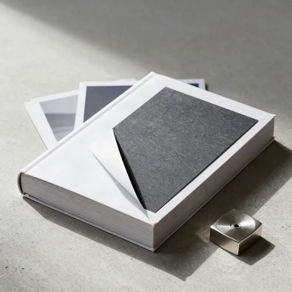 Bundle analisi bilancio Milan in slipcase bianco e grafite su cemento chiaro, con carte e fermacarte.