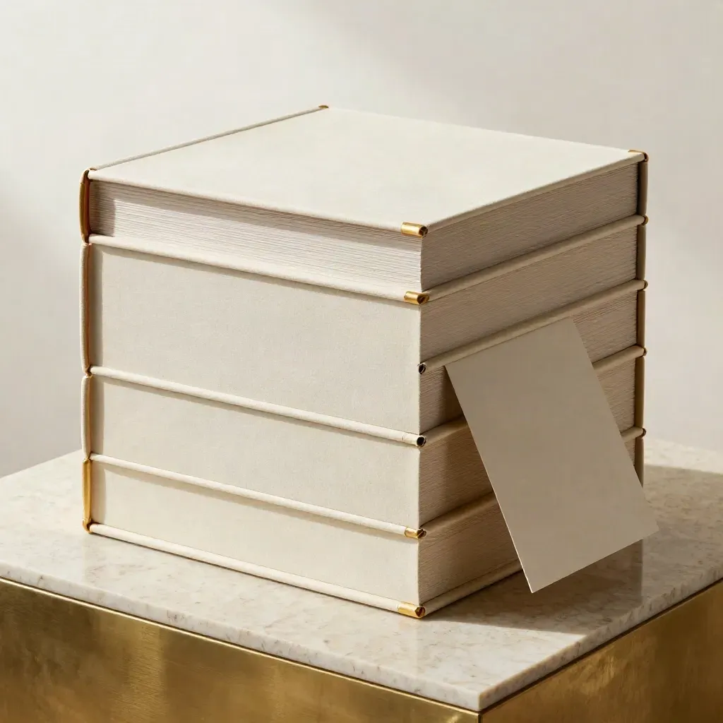 Torri di dossier crema con inserto aperto su base in travertino e accento oro